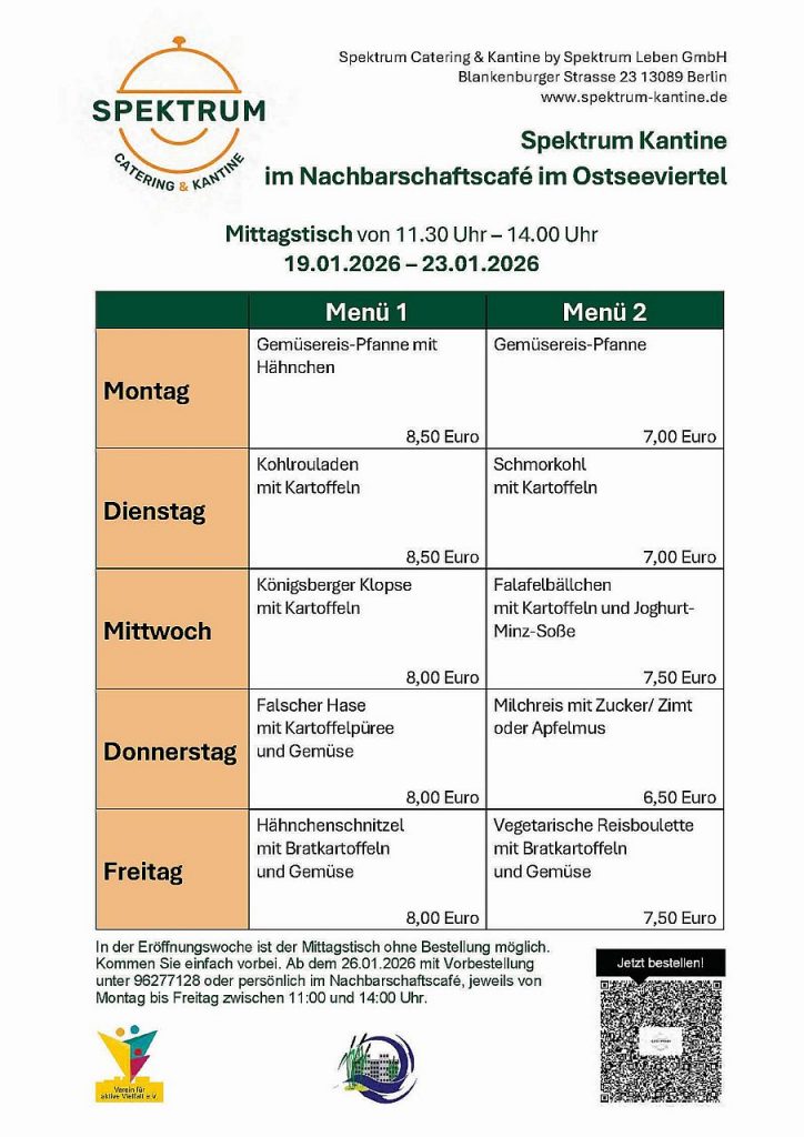 Speiseplan im Nachbarschaftshaus